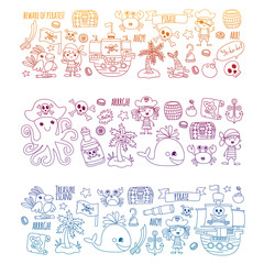 Obraz premium Vector pattern with pirate icons. Adventure, birthday party.