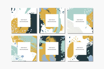 Set of pastel square hand drawn abstract backgrounds with artistic brush strokes and paint stains. Vector design for card, banner or social media post.