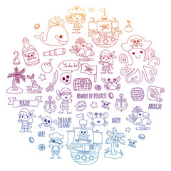 Vector pattern with pirate icons. Adventure, birthday party.