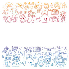 Vector pattern with pirate icons. Adventure, birthday party.