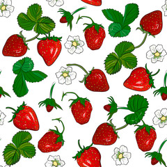 Seamless vector pattern with ripe strawberries, leaves and flowers.realistic hand drawing Kitchen design for paper, textiles, wallpaper, interior design.