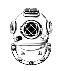 Vector drawing of diving helmet in black color, isolated on white background. Graphic illustration, hand drawing. Drawing for posters, decoration and print. Vector illustration