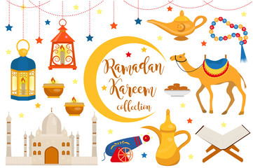 Ramadan kareem flat icon set, cartoon style. Collection of arabic design elements with camel, quran, lanterns, rosary, food, mosque. Vector illustration.