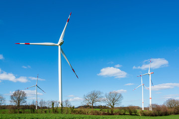 Fototapeta premium Windkraftanlagen auf einem Acker in Schleswig-Holstein im Frühling