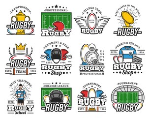 Rugby club championship, sport equipment icons - obrazy, fototapety, plakaty