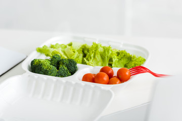 tasty organic vegetables in take away box near plastic fork
