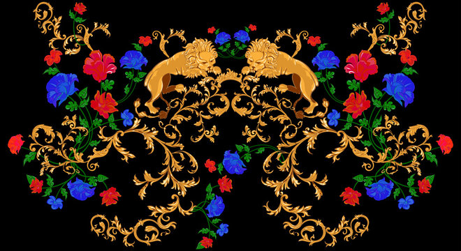 Baroque pattern with lions and flowers. Vector floral patch for print