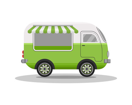 Street food truck concept. Street food vehicles, truck, van. Fast food delivery. Flat design style. Vector illustration.