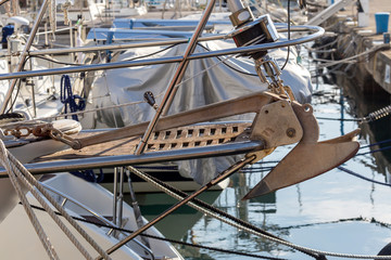 The bow of the ship with an anchor with chain close-up