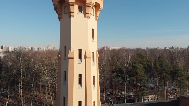 Drone aeral view of the tower in the Park of the Polytechnic University in St. Petersburg.
