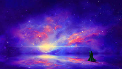 Obraz na płótnie Canvas Space scene. Magician with colorful nebula on reflection surface. Elements furnished by NASA. 3D rendering