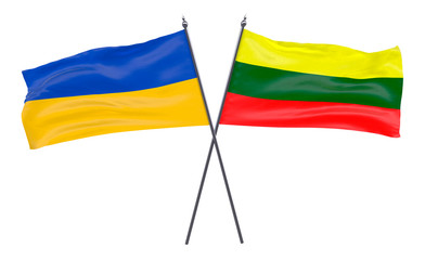 Ukraine and Lithuania, two crossed flags isolated on white background. 3d image