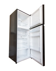 The open new fridge isolated on a white background. Empty refrigerator with open door.