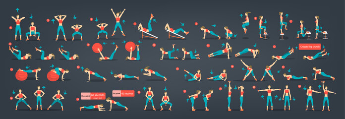 Workout girl set. Woman doing fitness and yoga exercises. - obrazy, fototapety, plakaty