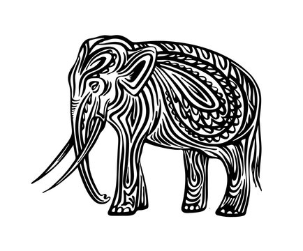 Stylized decorative hand drawn elephant. Vector black ink drawing isolated on white background. Graphic animal illustration