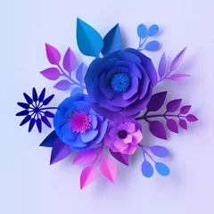Stoff pro Meter 3d render, blue violet neon paper flowers, floral bouquet isolated on white background, botanical wall decor, decorative design © wacomka