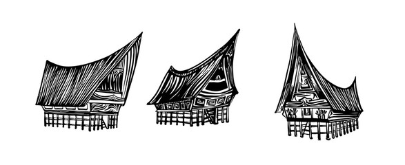 Indonesian traditional Batak house set. Hand drawn outline sketch. Vector black ink drawing isolated on white background. Graphic illustration - obrazy, fototapety, plakaty