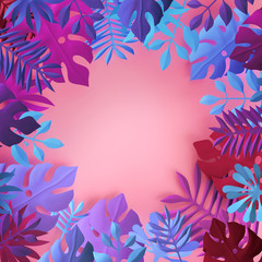 Fototapeta na wymiar 3d render, pink blue neon tropical paper leaves, summer botanical background, jungle decor, frame, space for text