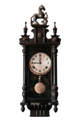 Anitique vintage carved wood Japanese  horse wall clock on white background