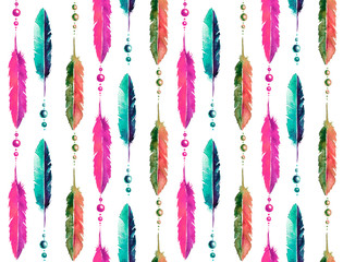Hand drawn watercolor seamless pattern. Bright colorful feathers and beads on white background. Perfect for design of textile or decorative paper. 