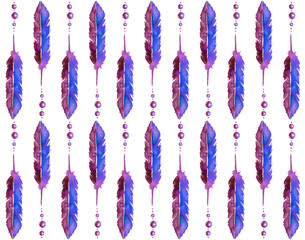 Hand drawn watercolor seamless pattern. Dark blue feathers and beads on white background. Perfect for textile and decorative paper