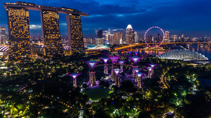 Fototapeta premium Singapore Marina Bay Sands Garden by the bay drone aerial night landscape
