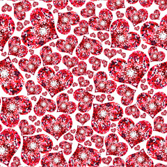 watercolor seamless pattern with big and small hearts white background