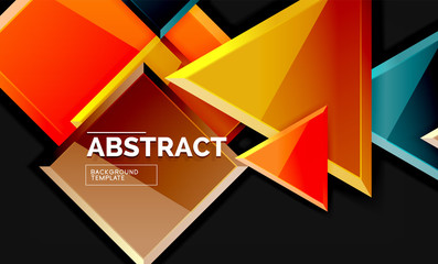 Glossy mosaic style geometric shapes - squares and triangles on black