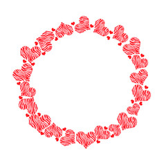 watercolor pattern with big and small hearts in a white background in a circle