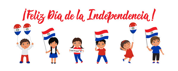 Paraguay Independence day greeting card. text in Spanish: Happy Independence day. May 14th and 15th. kids logo