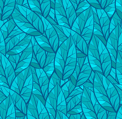 Abstract seamless vector pattern of leaves.  Winter theme. Dark and light Turquoise, blue, green colors. Isolated