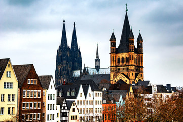 City center with Cathedral, Great St. Martin Church in Cologne, Germany