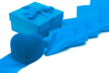 Gift box, heart ring gift box and blue ribbon isolated on white