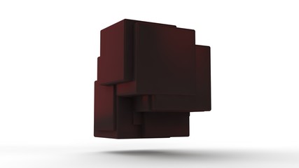 3D illustration of red cubes fused into one on white isolated background. Cubes of different sizes. Abstract image. ZD rendering, background.