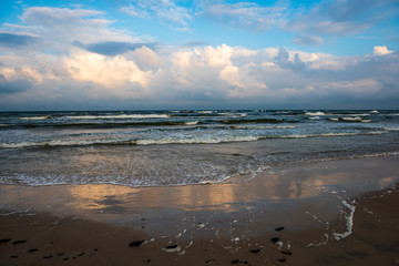 empty sea beach before storm with dramatic clouds and shadows from trees on the sand