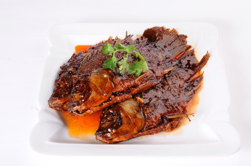 grilled meat with vegetables on white background