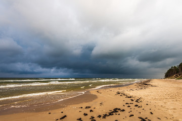 empty sea beach before storm with dramatic clouds and shadows from trees on the sand