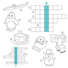 Winter crossword for kids. Task and answer. Coloring book for children of preschool and school age. With the answer.