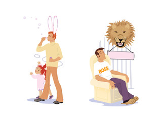 Set of Daddy. Dad with a bunny suit blows bubbles for a daughter. Daddy is the boss. Man with his eyes closed is sitting in a chair under a stuffed lion head.