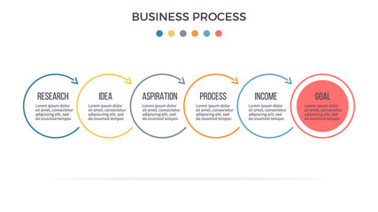 Business infographics. Timeline with 6 steps, options, circles. Vector template. Editable line.