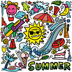 Summer doodle with water and stuff, drawing vector free hand style