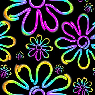Daisy Spring Flower Psycnedelic Neon Light Vector Seamless Pattern Design 