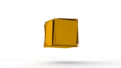 3D illustration of gold cubes fused into one on white isolated background. Cubes are different, break into segments, fragments, many small fragments, explode Abstract image. 3D rendering, background.