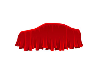 Car under red silk cloth. Presentation concept.