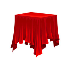 Square table under red silk cloth on white background.
