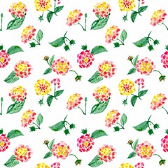 Watercolor colorful seamless pattern with spring pink, yellow and red flowers on a white background. Illustration.