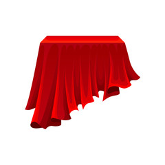 Rectangular table under red silk cloth on white background.