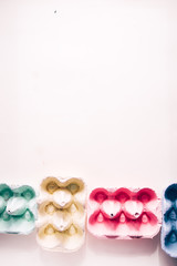 Colored eggs container, easter concept, soft natural direct light