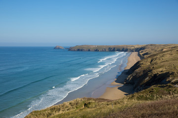Penhale sands Perranporth North Cornwall England UK viewed from the coast path