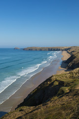 Penhale sands Perranporth North Cornwall England UK viewed from the coast path
